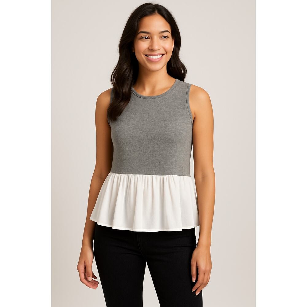 Sunday in Brooklyn Petite Grey Knit Top with White Pleated Hem – Size M